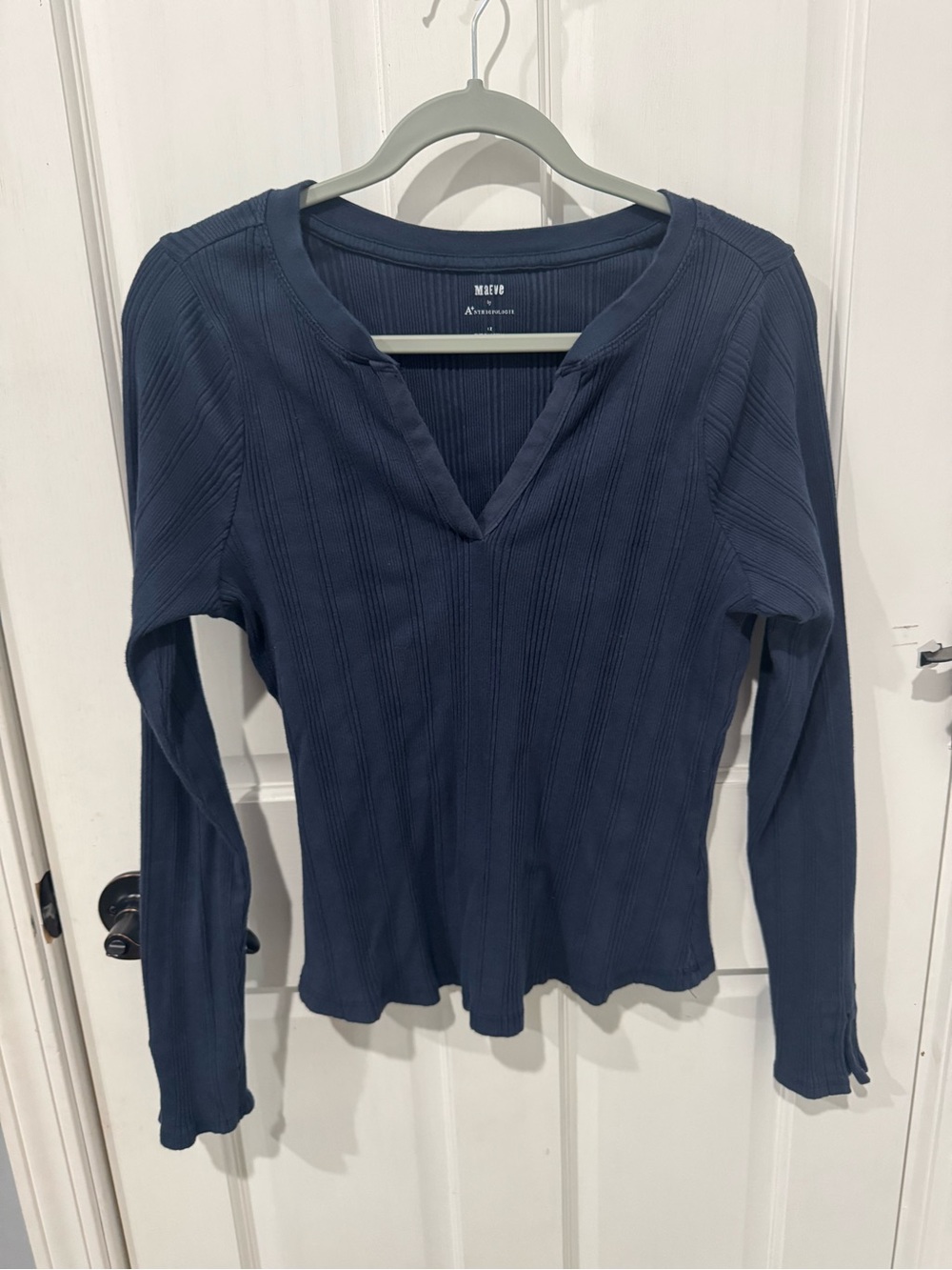 Maeve by Anthropologie Navy Ribbed V-Neck Long Sleeve Top